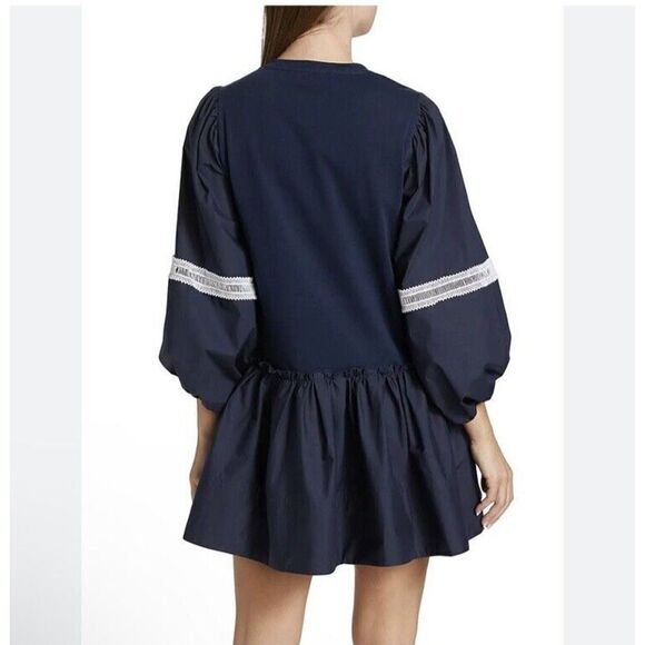 Tanya Taylor Sz M Dress Kirstie Navy Mini Lace Trim Poplin Puff Sleeve NWT $445 - Picture 9 of 9